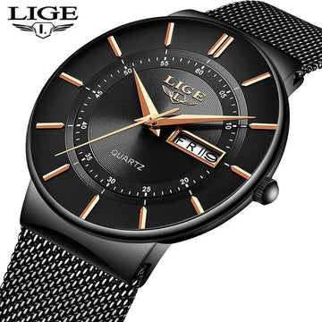 LIGE Stainless Steel Luxury Watch – Men’s Waterproof Quartz Watch with Date