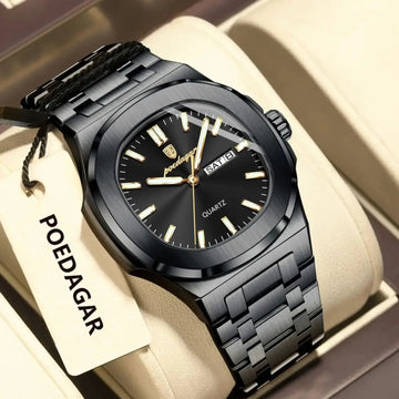 Poedagar Square Quartz Watch – Stainless Steel, Day & Date, Luminous Dial, 3ATM